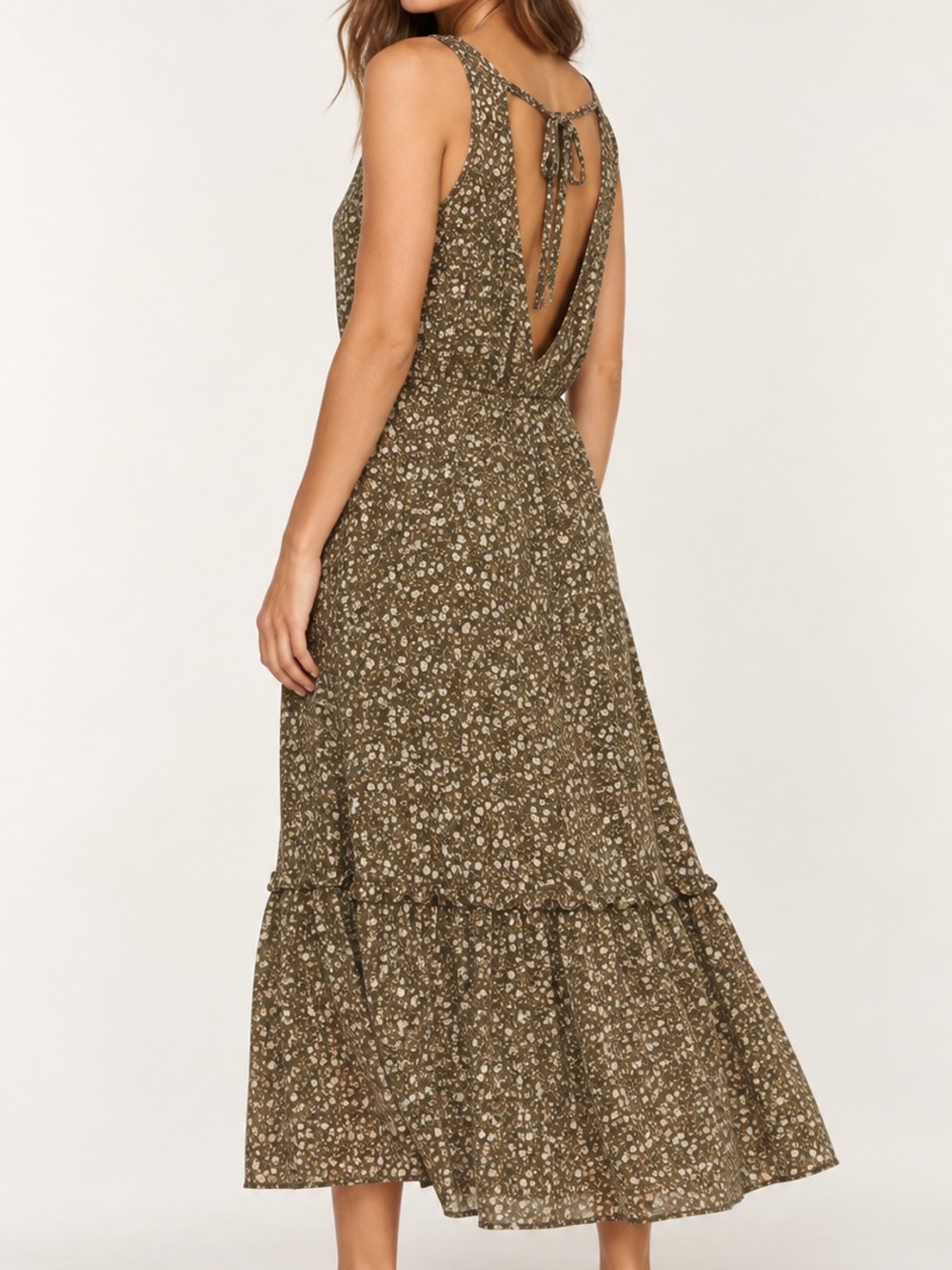 Apricot Floral Midi Dress US 8 Olive Tie Back Tiered Ruffle Sleeveless